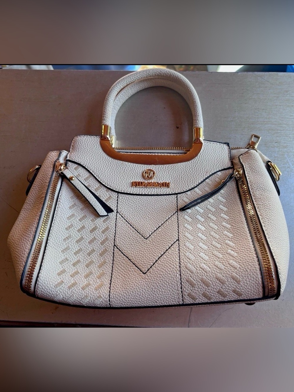 FIDM&KAIN White Structured Satchel Handbag Gold Hardware Crossbody Purse